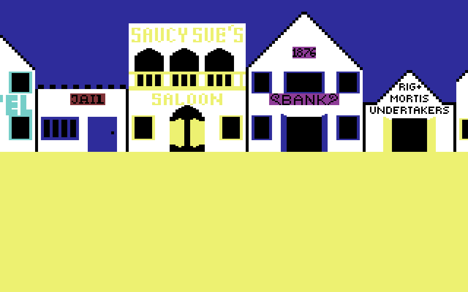 De pixelstad van High Noon, met saloon, bank en gevangenis.